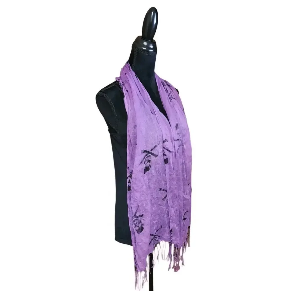 Women's Purple Skull & Bones Punk Rock Halloween Scarf Wrap Shawl, Fringe Edge